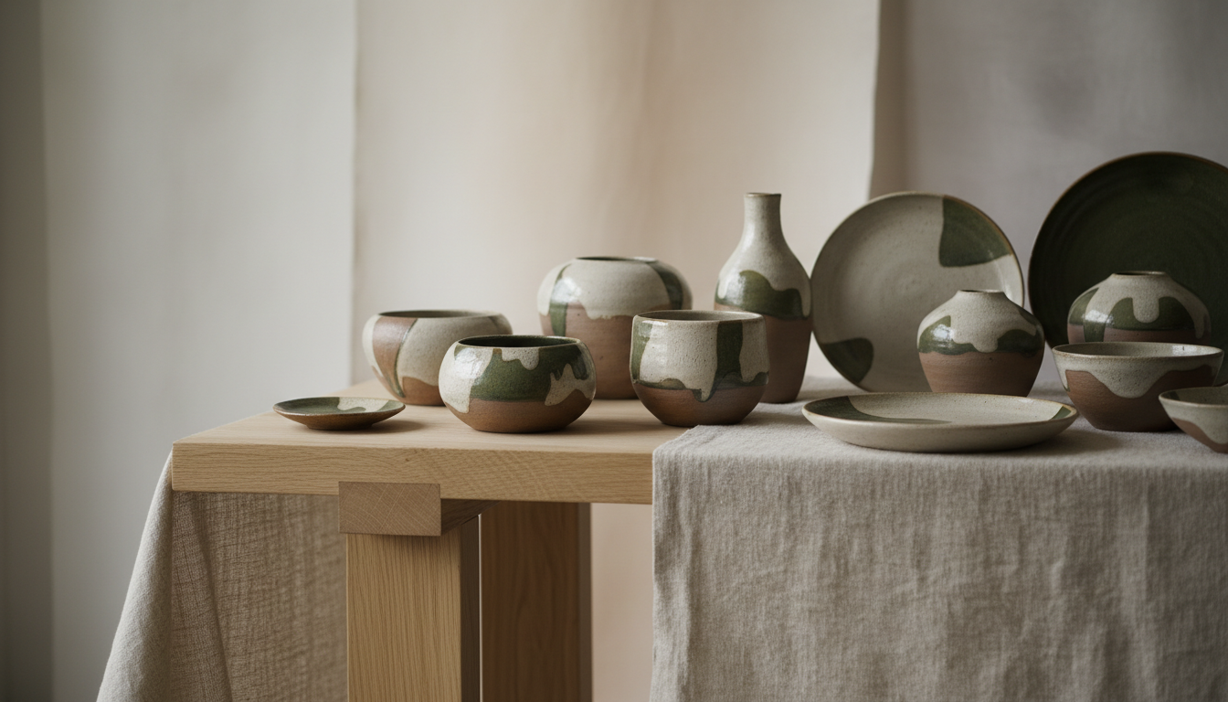 A refined collection of artisan pottery and hand-crafted vases arranged elegantly atop a textured linen tablecloth, featuring warm neutral tones of cream, taupe, and deep green glaze accents. The setting is a minimalist display stand crafted from light oak, placed against a backdrop of soft paper-textured panels with subtle gradients. Gentle, diffused natural light streams in from the side, casting delicate highlights and creating a sophisticated, calm atmosphere. Photographed at eye level with shallow depth of field to emphasize texture and detail, the composition balances negative space and closely frames the artistry of Southern craft. The aesthetic is photographic realism with an understated, elegant, and contemporary mood, reflecting the elevated arts focus of the convention site.