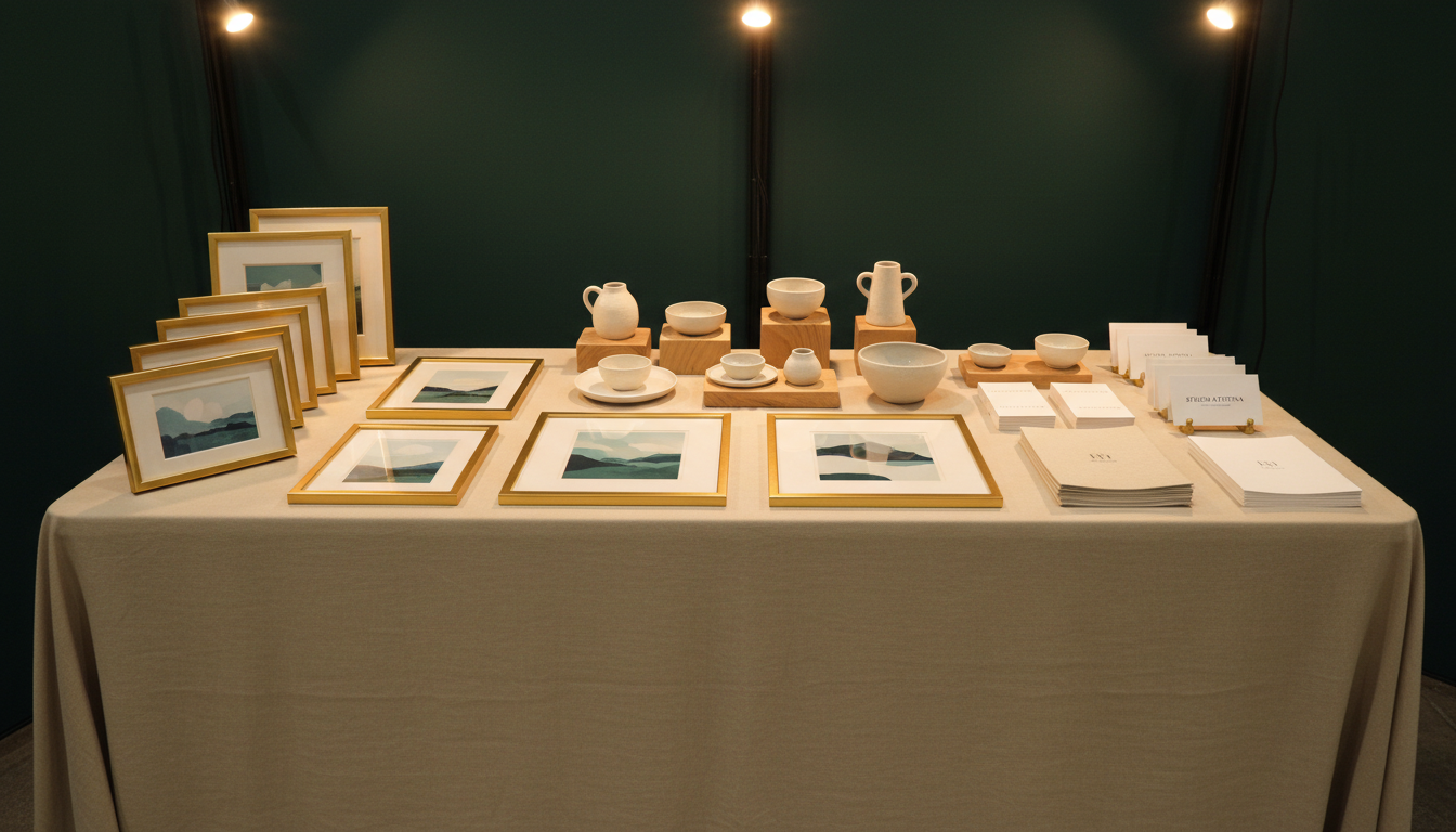 A meticulously organized vendor display table covered in light sand-colored linen, showcasing a curated selection of art prints in gold-rimmed frames, hand-thrown pottery, and elegant business cards with clean sans-serif fonts. The table is positioned beneath dramatic, warm directional lighting that highlights the textures and subtle color palette of the merchandise. In the background, a dark, matte green partition adds depth, while fine details such as a small stack of linen pamphlets reinforce the event’s refined aesthetic. The camera angle is slightly above eye-level to encapsulate the variety and symmetry, maintaining a crisp, modern composition. The overall look is minimalist yet detailed, sophisticated, and designed to appeal directly to event-goers and potential vendors.